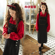Girls Strap Dress Set Western Style 2021 Spring and Autumn New Childrens Wear Red Tong Denim Dress Two Piece