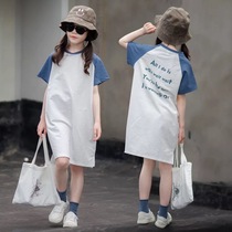 Girls short sleeve T-shirt skirt loose 19 new childrens wear long top big girl cotton dress summer tide