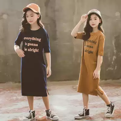 Korean girls summer dress 19 new children's clothing long version of the T-shirt medium and large girls pure cotton short-sleeved T-shirt skirt mother and daughter