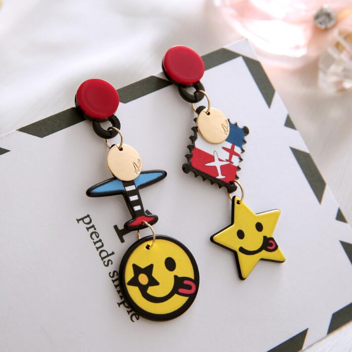 South Korea Dongdaemun new cute cartoon plane smiley face asymmetrical exaggerated earrings women's long drop earrings ear jewelry