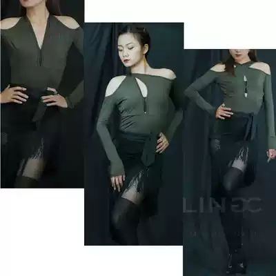 Amanda dance BLINGC new Latin dance women's long sleeve top dance jumpsuit off-the-shoulder sexy versatile
