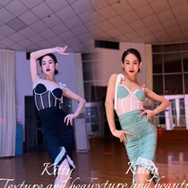 Kitty dance dress Collision Color Splicing Lacing straps Hip Lace Half Body Dress Retro charm 100 Lap Latin Dance Suit