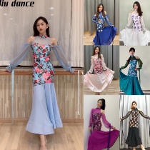 Miu dance 070 Latin dance Female Chromatic Ensemble Printed Lantern Sleeve One-piece Blouse in the same color system half body dress