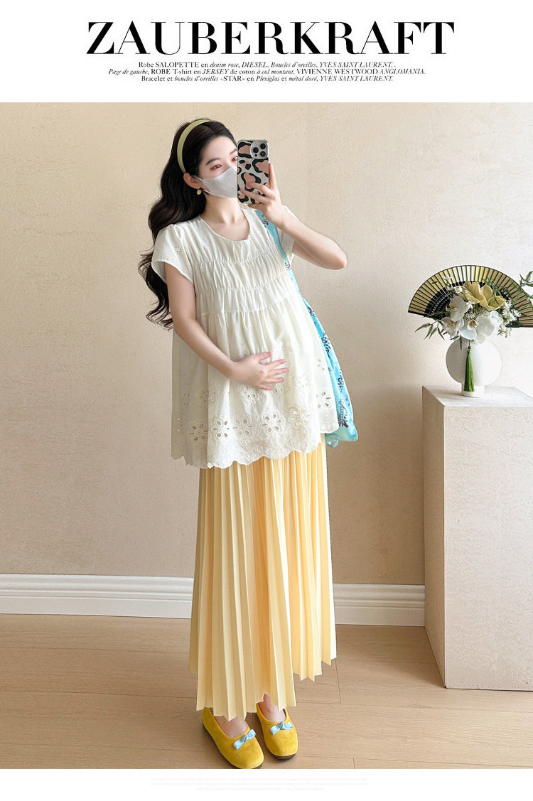 Maternity Summer Outfit 2026 New Style for Pregnant Moms, High-End Lace Top and Pleated Skirt Two-Piece Set for Summer — 12