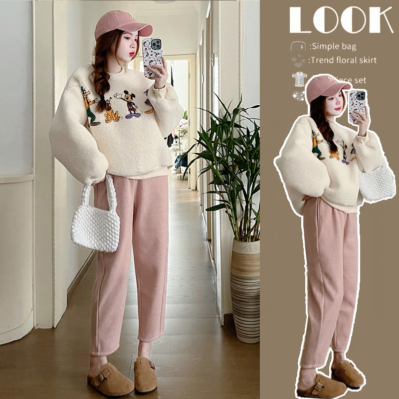 Pregnant Woman Autumn Clothing Suit Fashion Foreign Gas Trendy Cartoon Plus Suede Thickened Tobellwee Clothing Two Sets Autumn Winter Tide-Taobao