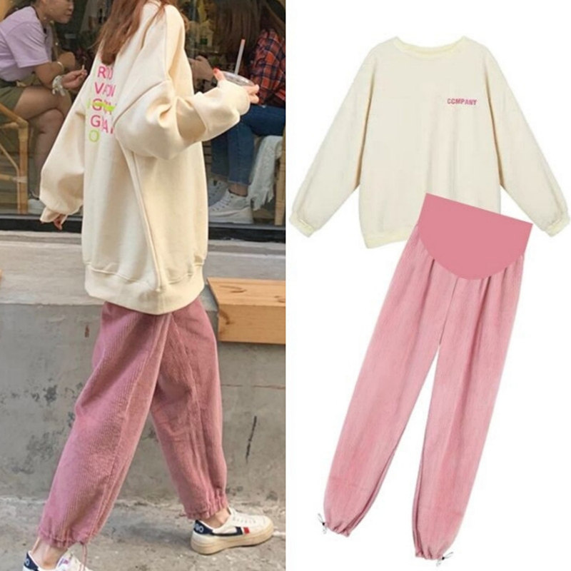 Pregnant women's autumn suits go out fashionable winter plus velvet thickened net red maternity clothes autumn and winter tops two-piece set