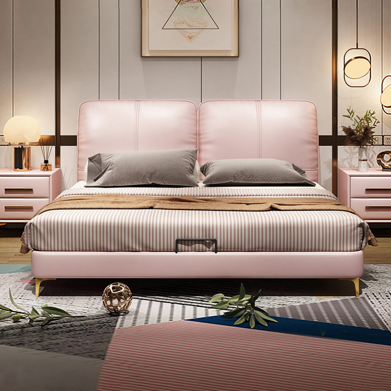 Princess girl leather bed light luxury bed modern minimalist creative Nordic net red double bed Italian pink wedding bed