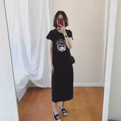 Spring and summer Korean version of simple printing one-step long skirt T-shirt pure cotton slim-fit bag hip thin summer skirt dress women's trend