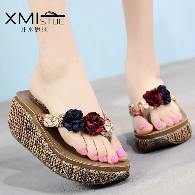 Mùa hè mới dép cao gót phụ nữ dép cỏ bãi biển hoa dệt flip flops dép trượt Waichuan 