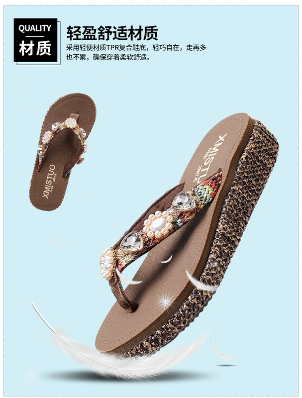 dép Rhinestone và dép nữ mới thời trang bên ngoài mặc dày lớp vỏ dốc với flip flops nữ mùa hè dép đi biển trượt