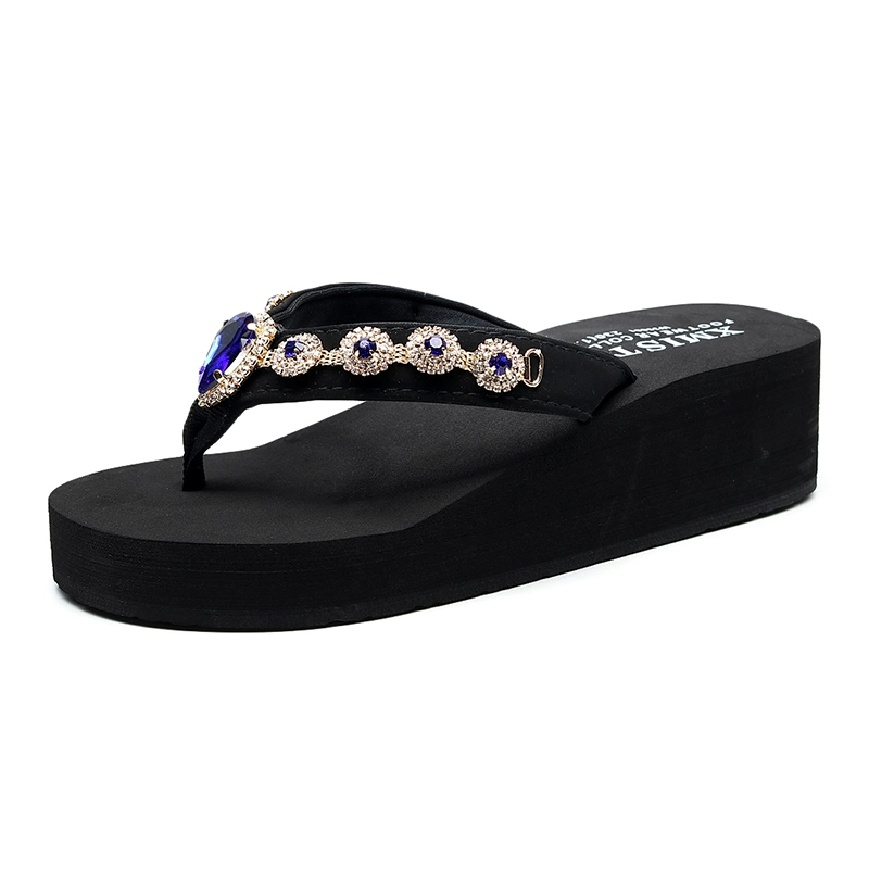 Rhinestone flip-flops nữ thời trang mùa hè hoang dã mặc bên ngoài không trượt resort dép nặng đáy dép ven biển cao gót 