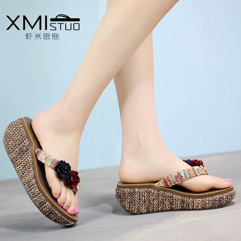 Mùa hè mới dép cao gót phụ nữ dép cỏ bãi biển hoa dệt flip flops dép trượt Waichuan 