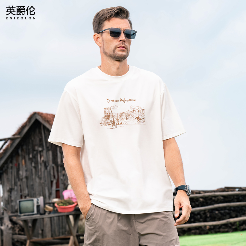 Yingjulunクールアイスシルクコットン半袖Tシャツメンズ2025新しい夏レトロアメリカンプリントTシャツトレンド半袖