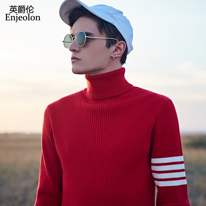 British Knight 2021 New Winter Men's Turtleneck Sweater Ben Life Year Pullover Red Knit Male Contrast Stripe