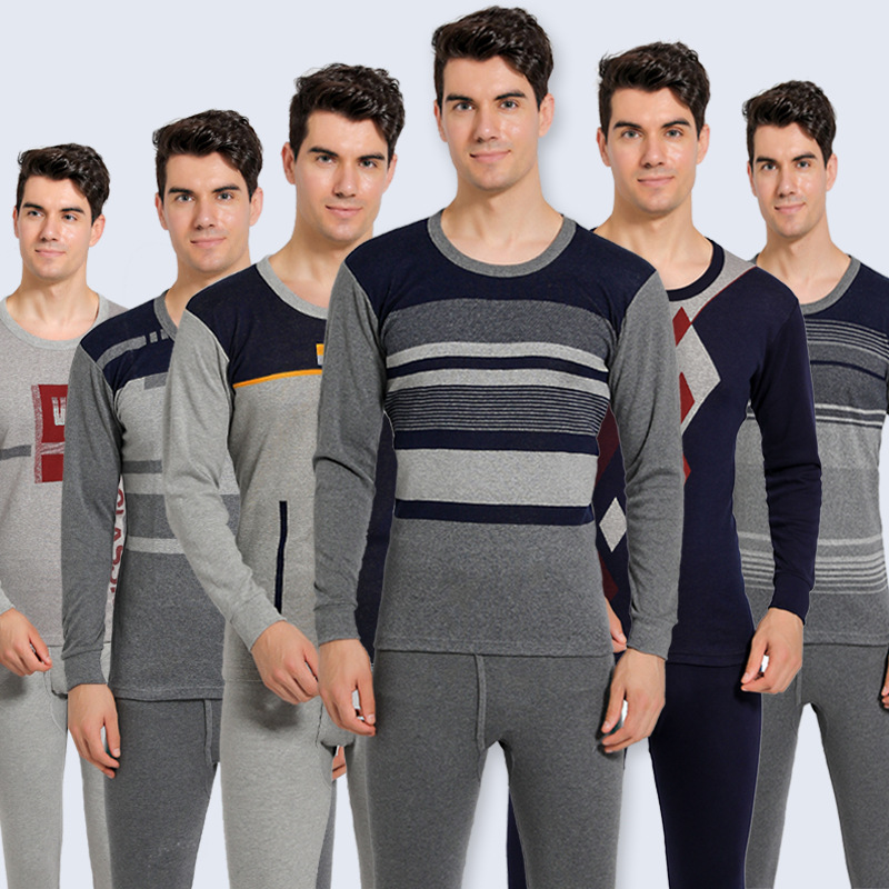2021 new men's jacquard underwear jacket autummy sanitary pants stripe round collar pure cotton beating bottom full cotton heating clothes