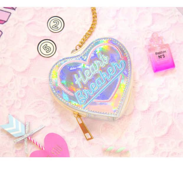 Hypnotic Thêu Heart Coin Purse Sinh viên Laser Ví da sáng Dây buộc Love Heart Art Fresh Coin Purse ví coach nam