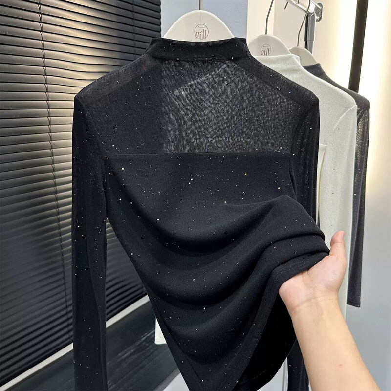 Sequined Lace Mesh Base Shirt for Women 2026 Spring and Autumn New Style Half-High Collar Long-Sleeve Inner T-Shirt Stylish Top