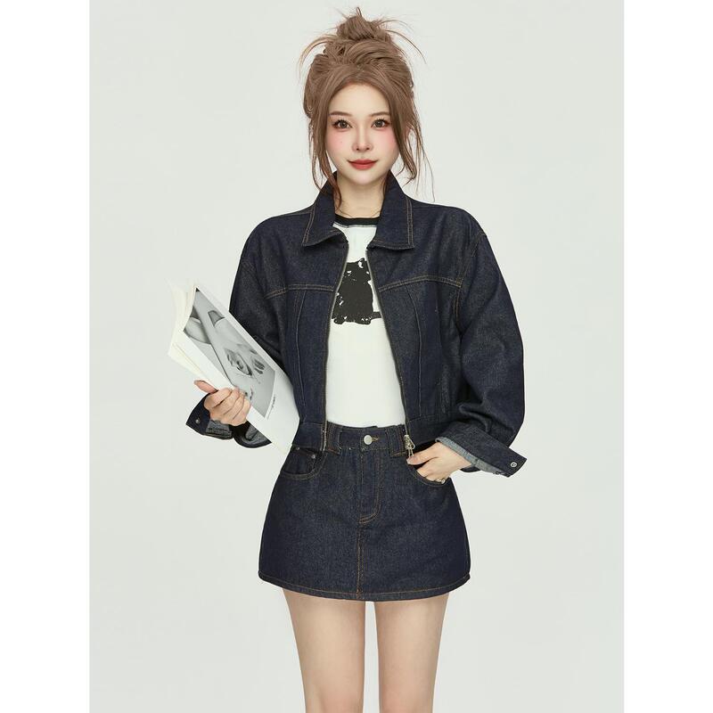 Korean Style Oversize Slimming Denim Suit Dark Blue Jacket Loose Coat High-Waisted Hip-Hugging Short Skirt Two-Piece Set Korean Style Oversize Slimming Denim Suit Dark Blue Jacket Loose Coat High-Waisted Hip-Hugging Short Skirt Two-Piece Set