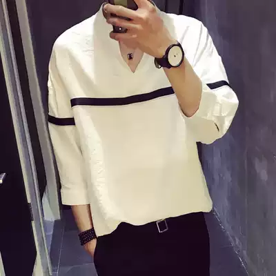 Summer short-sleeved cotton and linen shirt men Korean version of the trend handsome seven-point sleeve shirt loose Joker mid-sleeved shirt