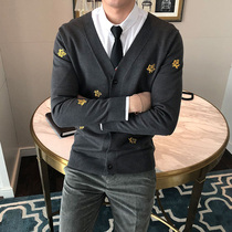 Spring trendy mens sweater cardigan Korean slim-fit embroidered sweater British style mens thin all-match casual jacket