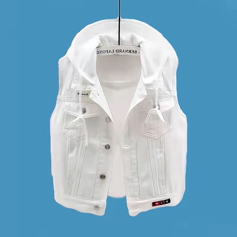 White Denim Vest for Women, 2026 Spring and Autumn New Korean Style Versatile Short Hooded Vest Jacket Top White Denim Vest for Women, 2026 Spring and Autumn New Korean Style Versatile Short Hooded Vest Jacket Top