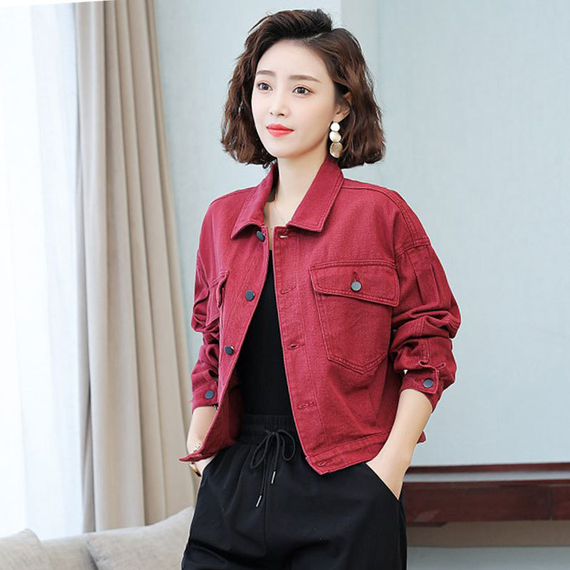Burgundy Short Denim Jacket for Women 2026 Spring and Autumn Loose Versatile High-End Long-Sleeve Workwear Jacket Top