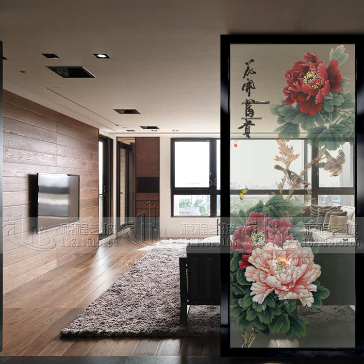Modern Chinese art glass Decorative Living Room Screen Bedroom Partition Wall entrance to the family Xuanguan frosted and light transmission Mudan flowers