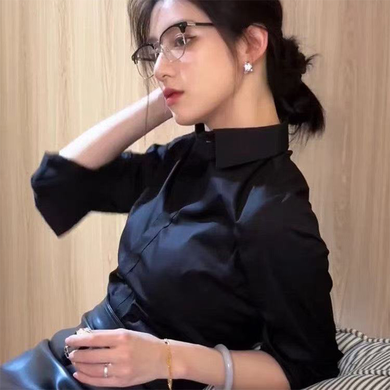 Black Polo Collar Long-Sleeved Shirt for Women, Spring Slim Fit, Workwear Ol Professional Style, Elegant Slimming Top, Anti-Wrinkle Shirt