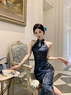 新中式国风提花缎面挖肩改良修身旗袍印花收腰连衣裙长裙 兰陵王