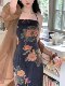 ແບບຈີນແບບໃຫມ່ retro halter neck suspender dress ແມ່ຍິງ floral skirt ແອວ temperament ສູງສິ້ນ skirt ຍາວ + ຊຸດ cardigan