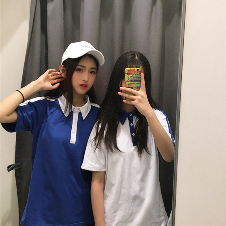 林小宅同款学院韩国原宿翻领POLO衫宽松纯棉短袖T恤男女班服闺蜜