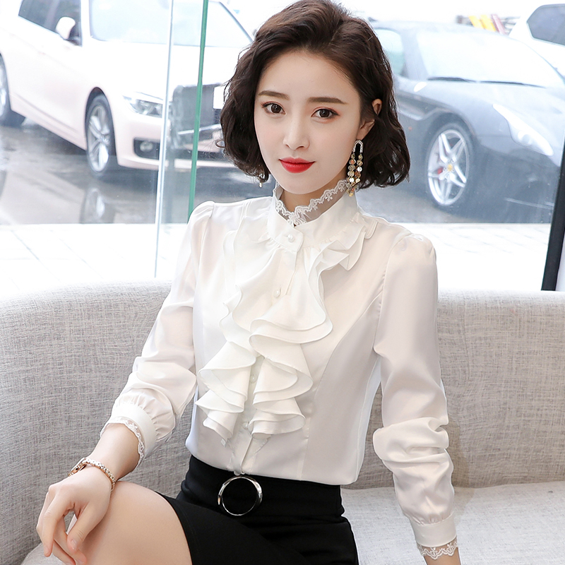 Stand Collar Chiffon Shirt for Women, Long-Sleeved, New Korean Style Professional Shirt, Fleece-Lined, Thickened, Warm Base Layer Shirt for Spring and Autumn