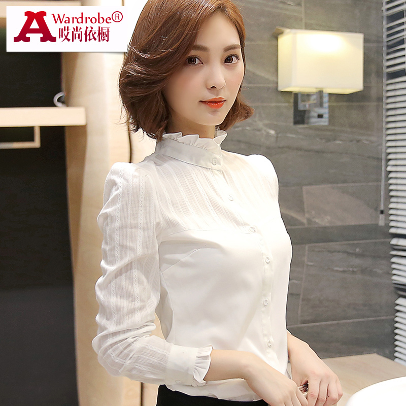 Stand Collar White Shirt for Women, Long-Sleeved, New Style, Fleece-Lined, Warm Base Layer Shirt, Spring and Autumn, Slim Fit, Professional Wear, Pure Cotton Shirt