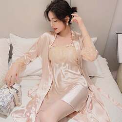 ພາກຮຽນ spring and autumn silk pajamas for women long-sleeved ice silk summer wedding red sexy suspender nightgown two-piece suit