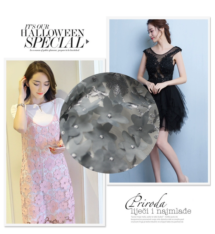 Thêu nước hòa tan vải ren màu xám ba chiều đính handmade mùa thu và mùa đông vải ren vải quần áo vải tự làm vải may quần áo dài