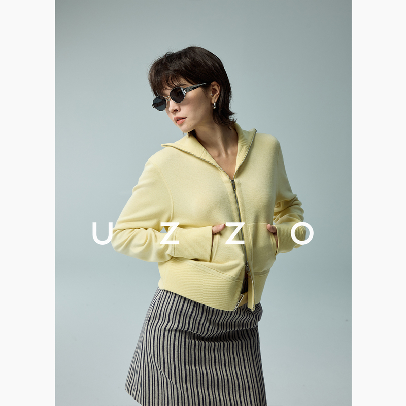 Uzzo Fashionable High-End Line Fully Edged Australian Merino Wool Knitted Cardigan Double Zipper Jacket for Women