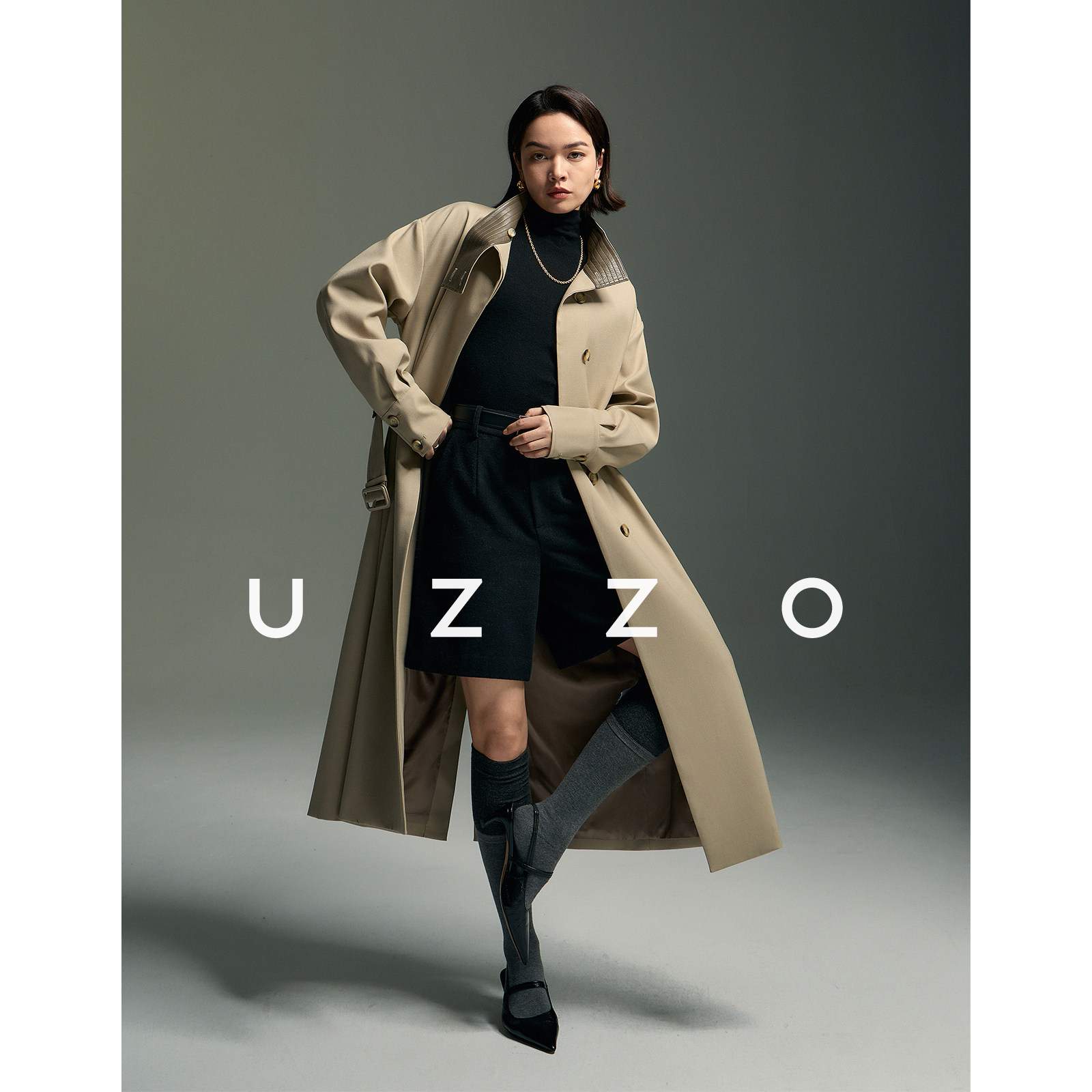 UZZO ultra soft wool exclusive ingots anti-creasing micro-waterproof fabric collage design deconstructor long style windcoat-Taobao