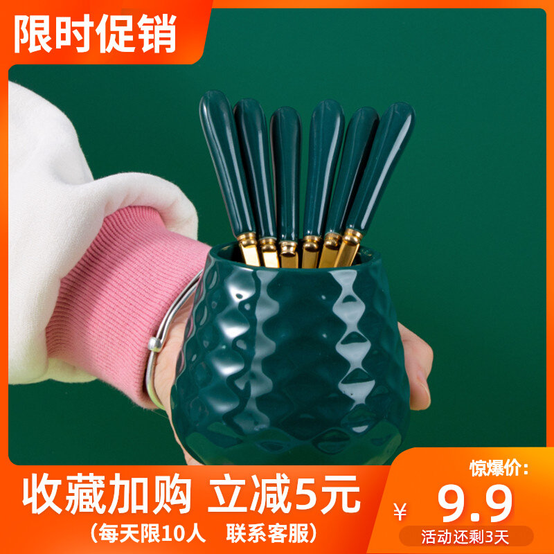 Stainless steel fruit fork set home children's safety light luxury Nordic fruit stick with storage tank creative snack fork spoon