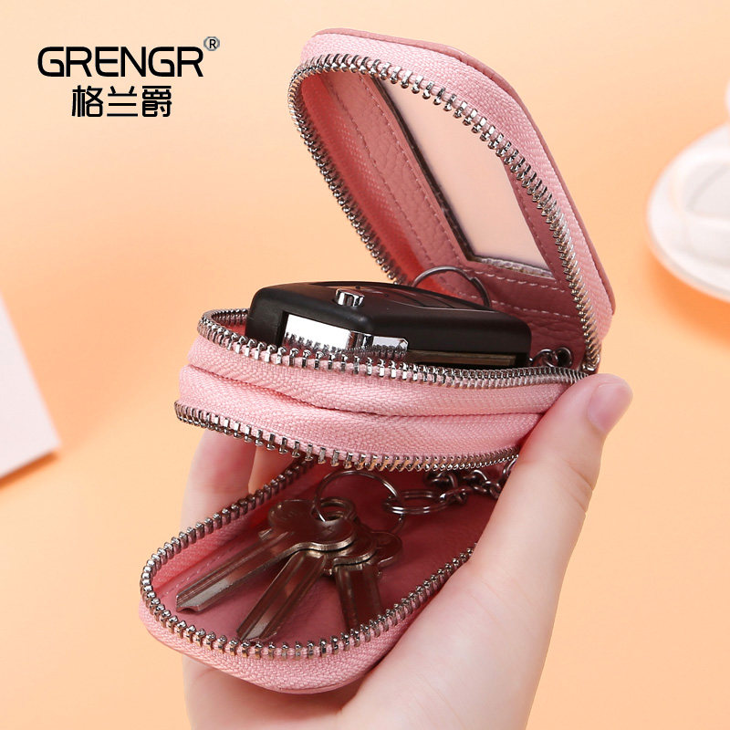 Double zipper key bag women's genuine leather multi-function waist hanging large capacity remote control car lock keychain bag male cowhide universal