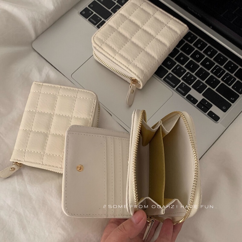 Cream Waffle Layered Simple Small Wallet Short Style Pu Zipper Cute Coin Purse Multi-Compartment Card Holder Compact and Portable