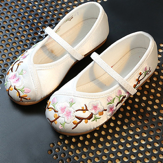 Girls' cloth shoes, retro traditional hand-embroidered plum blossom tendon sole children's shoes, baby girl's Hanfu and Tang suit matching shoes