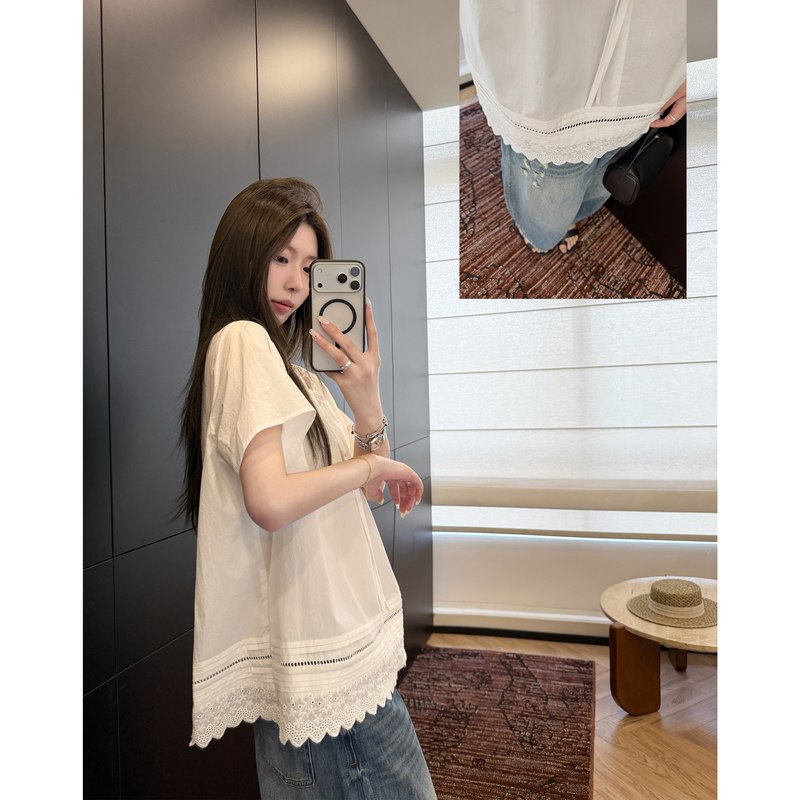 Hvivi Girl's Heartfelt Thoughts Lace Trim Short Sleeve Shirt for Women Summer Vacation Style Tie-Up Babydoll Top Age-Reducing Blouse