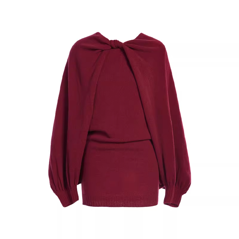 Cello Sonata New All-Wool Twisted Cape Knit Dress Burgundy Long Dress 1480