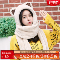 Fancet scarf womens winter cute coral velvet scarf double-layer thickened hat scarf one-piece scarf gloves