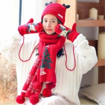 Fancet hat scarf gloves Three-piece set Womens gloves Winter warm Korean version Birthday gift Christmas scarf