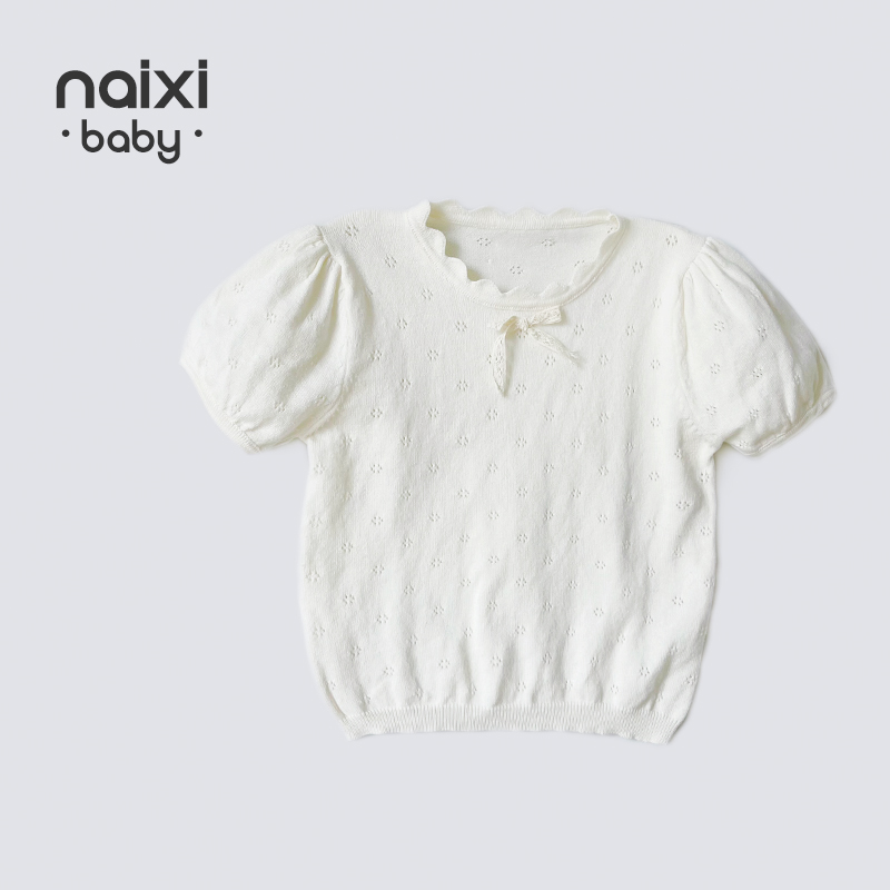 NAIXIBABY｜Neighboring girl Summer girl briefly sleeved T-shirt pure cotton hollow knitting tops breathable