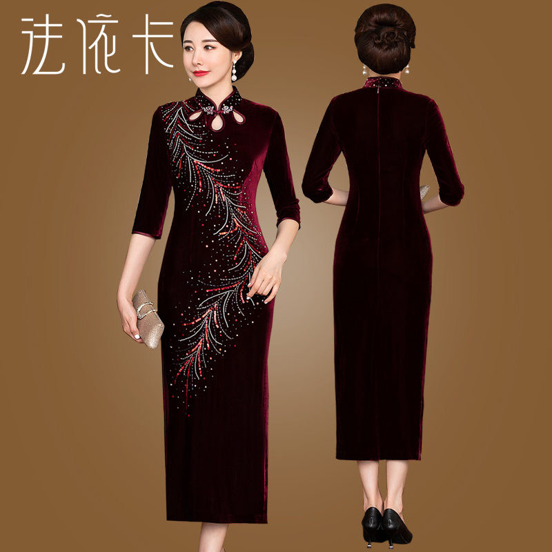 Demi-season long velvet cheongsam, wedding dress for mother, evening dress