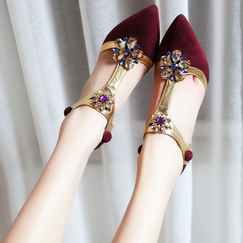 2022 spring new rhinestone flower gem retro single shoes pointed toe stiletto toe sandals leather high heels women