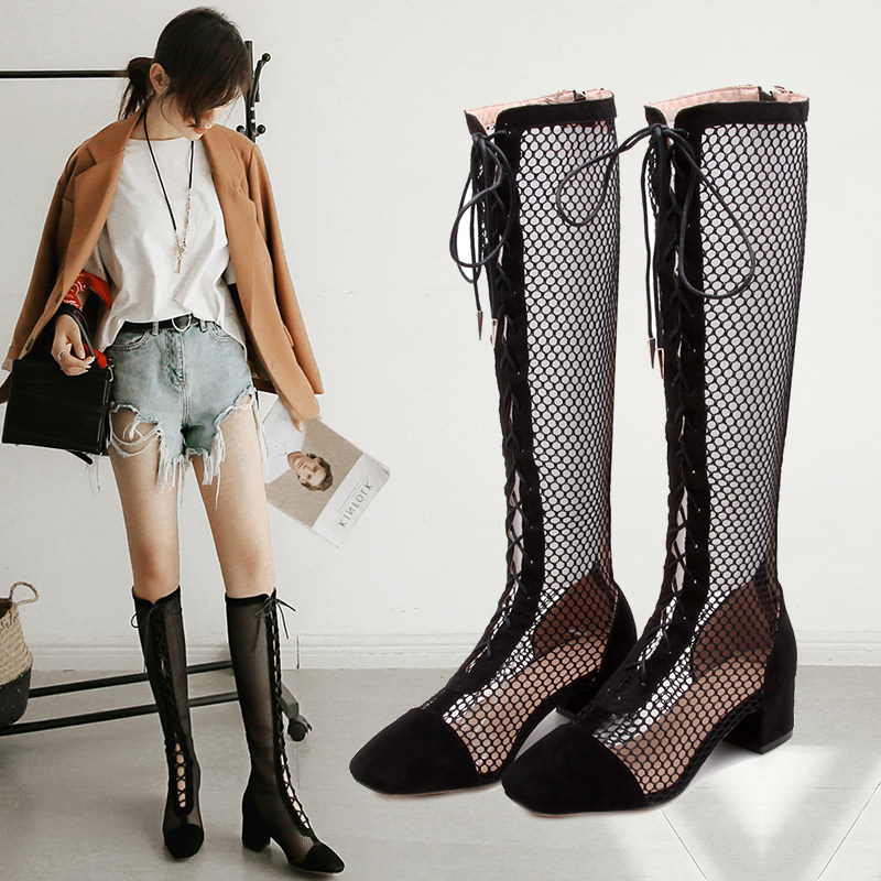 2022 spring new women's shoes thick heel leather hollow mesh sandals breathable mesh boots summer long tube thin boots