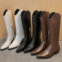 2022 spring new womens net red genuine leather V mouth pointed retro high cylinder western denim boots though kneecap